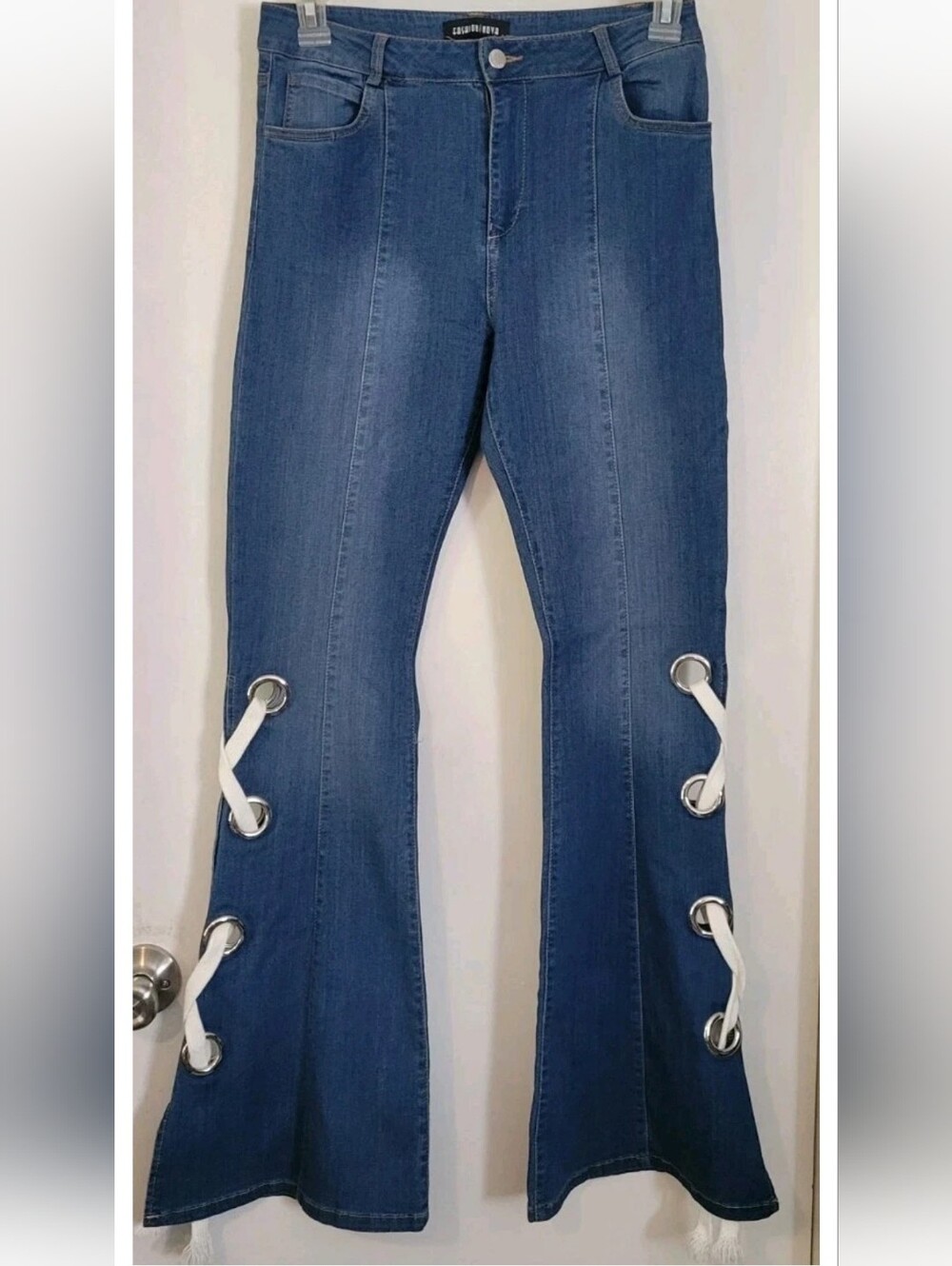 Fashion Nova Blue Lace-Up Flare Jeans with Grommet Details